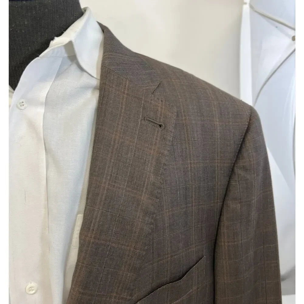 Peter Millar Men's Blazer‎ Sport Coat Jacket Brown Plaid Glen Check Wool 48